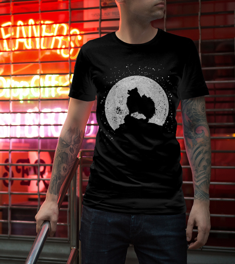 Pomeranian Howling Silhouette Against Full Moon Night Scene T-Shirt