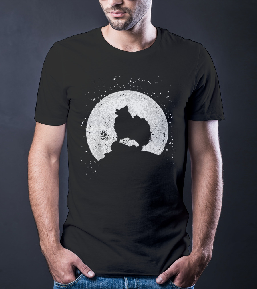 Pomeranian Howling Silhouette Against Full Moon Night Scene T-Shirt
