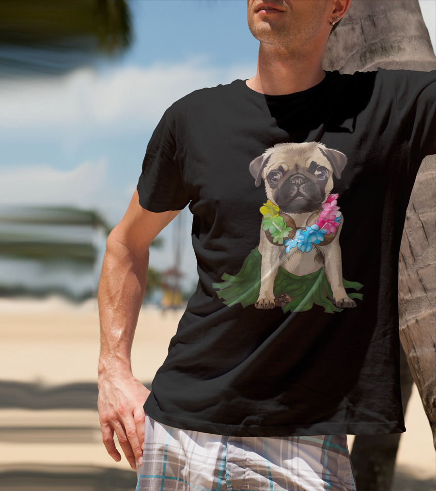 Pug Wearing Hawaiian Hula Skirt And Flower Lei Aloha Dance Animal T-Shirt