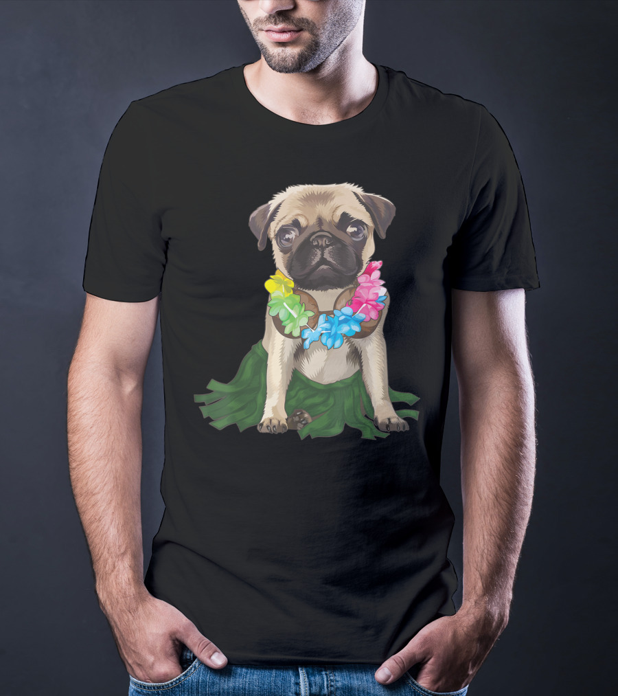 Pug Wearing Hawaiian Hula Skirt And Flower Lei Aloha Dance Animal T-Shirt