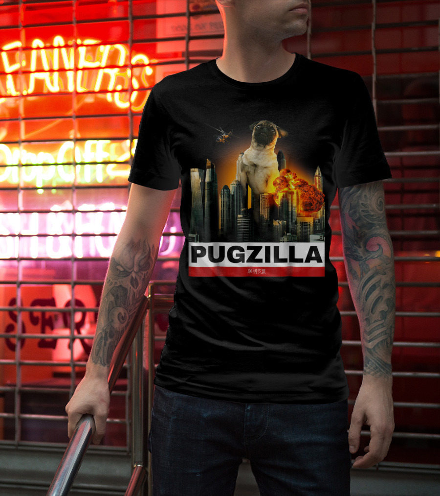 Pugzilla Helicopter Explosion City Skyline Cute Pug T-Shirt
