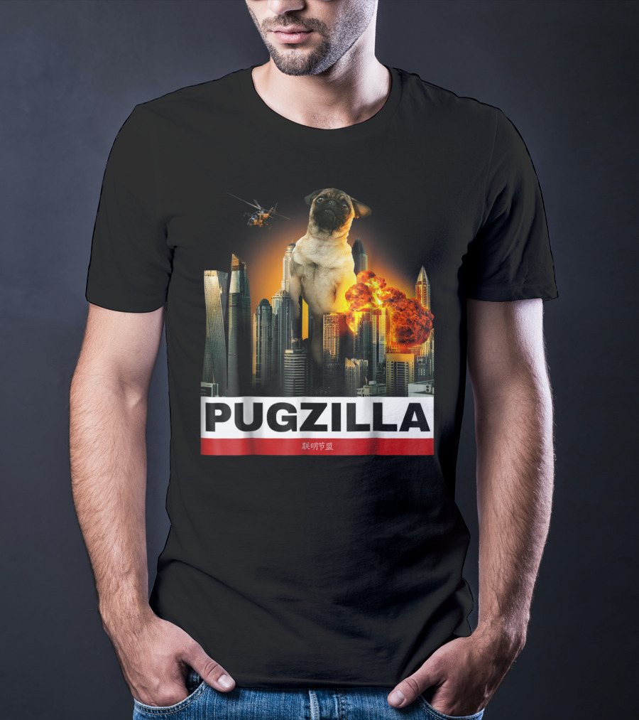 Pugzilla Helicopter Explosion City Skyline Cute Pug T-Shirt