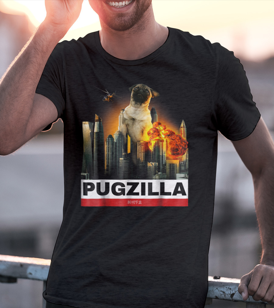 Pugzilla Helicopter Explosion City Skyline Cute Pug T-Shirt