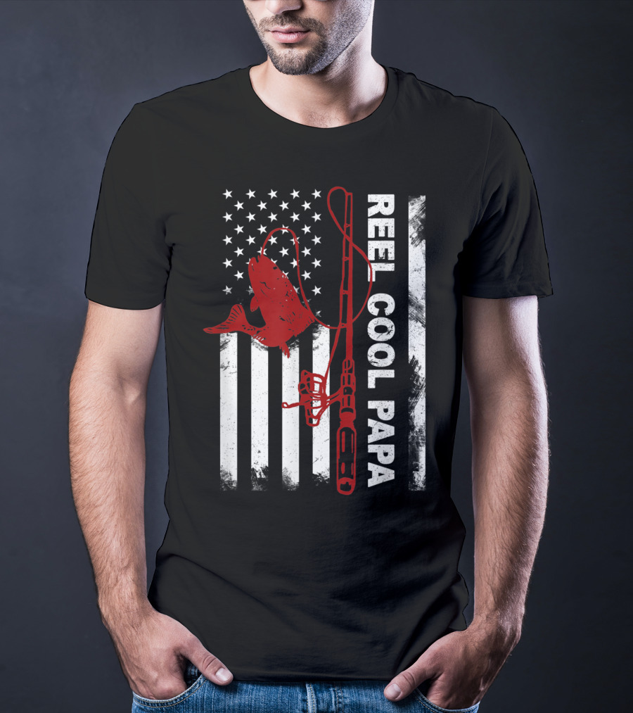 Reel Cool Papa American Flag Fishing Rod And Fish T-Shirt
