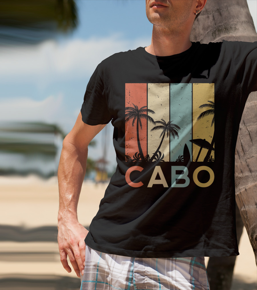 Retro Cabo San Lucas Mexico Tropical Palm Sunset Surfboard T-Shirt