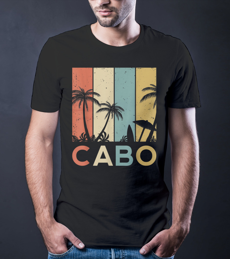 Retro Cabo San Lucas Mexico Tropical Palm Sunset Surfboard T-Shirt
