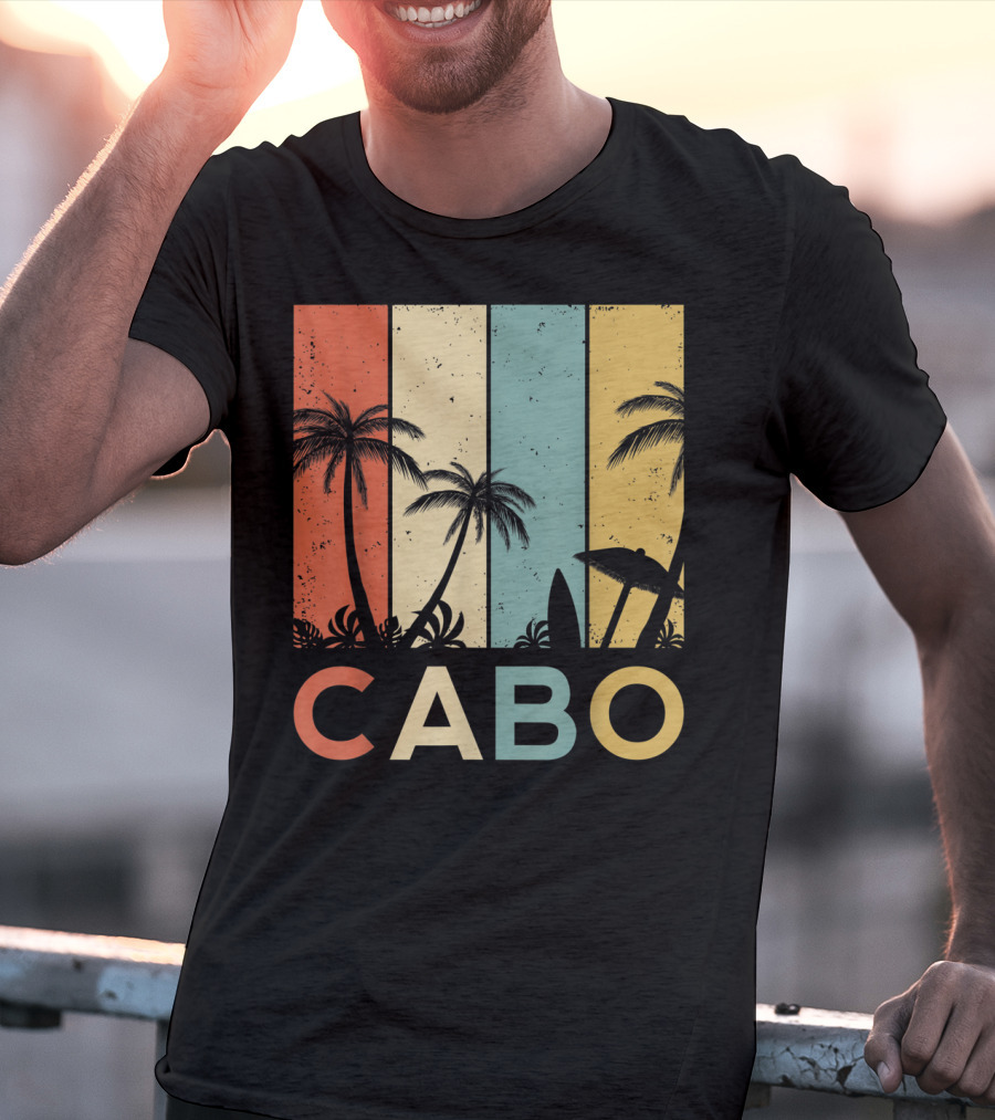 Retro Cabo San Lucas Mexico Tropical Palm Sunset Surfboard T-Shirt