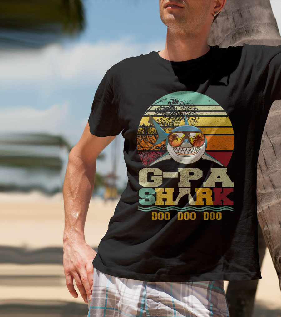 G Pa Shark Doo Doo Doo Retro Vintage Beach Sunset Wave Sunglasses Palm Trees T-Shirt