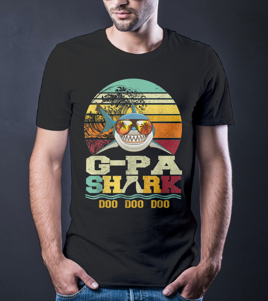 G Pa Shark Doo Doo Doo Retro Vintage Beach Sunset Wave Sunglasses Palm Trees T-Shirt