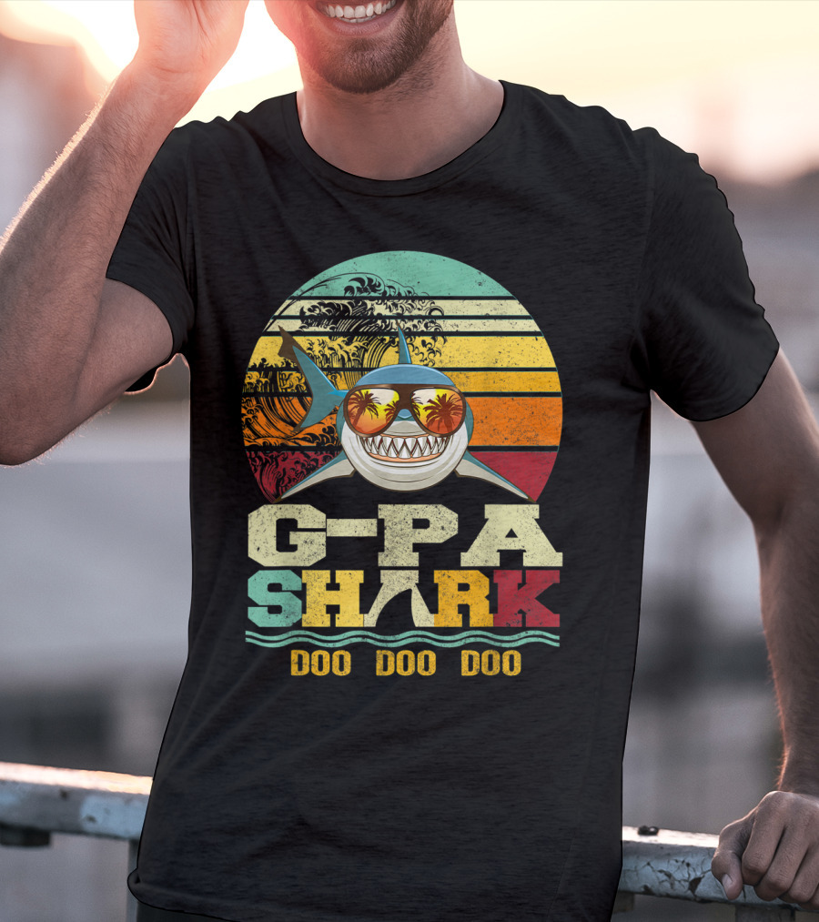 G Pa Shark Doo Doo Doo Retro Vintage Beach Sunset Wave Sunglasses Palm Trees T-Shirt