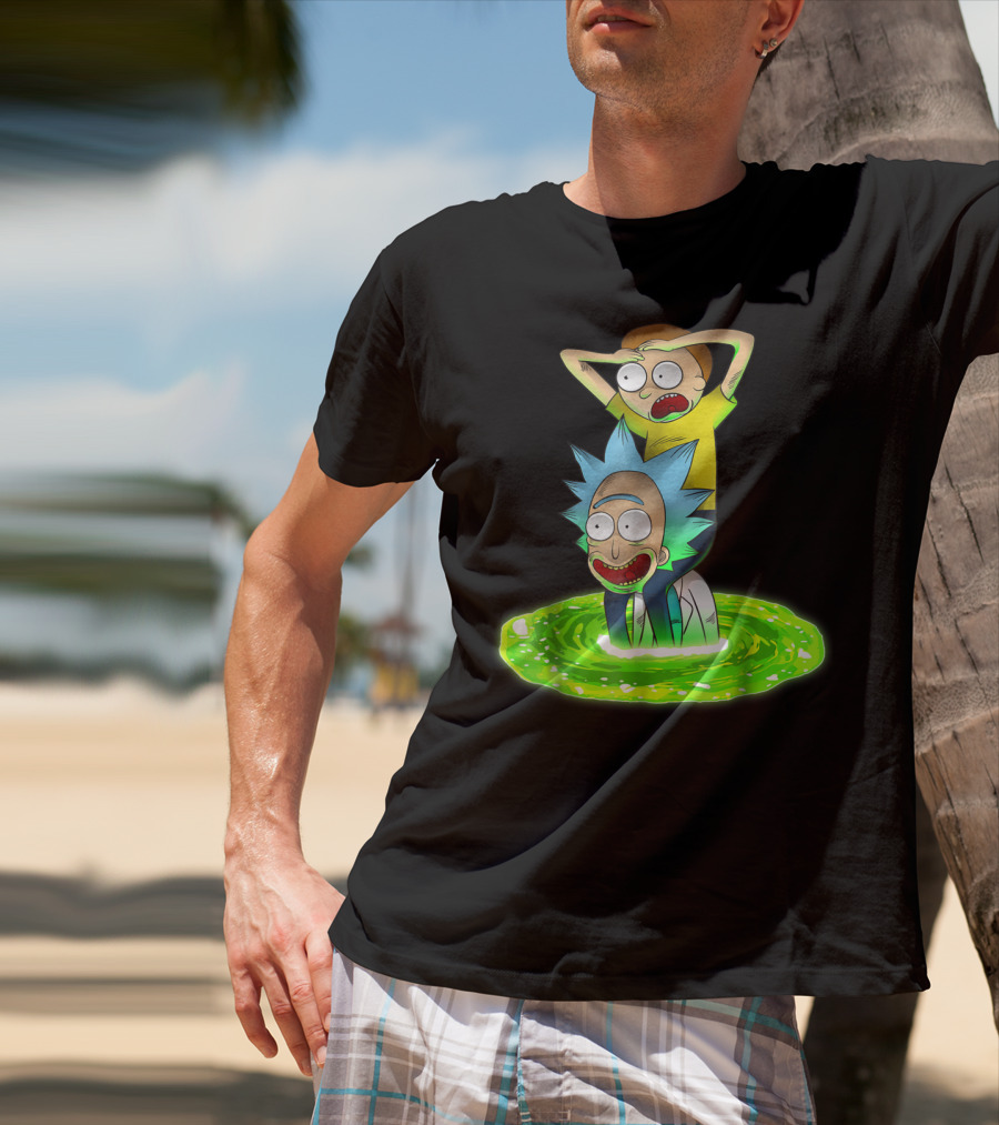 Rick And Morty Emerging From Green Portal Adventure T-Shirt