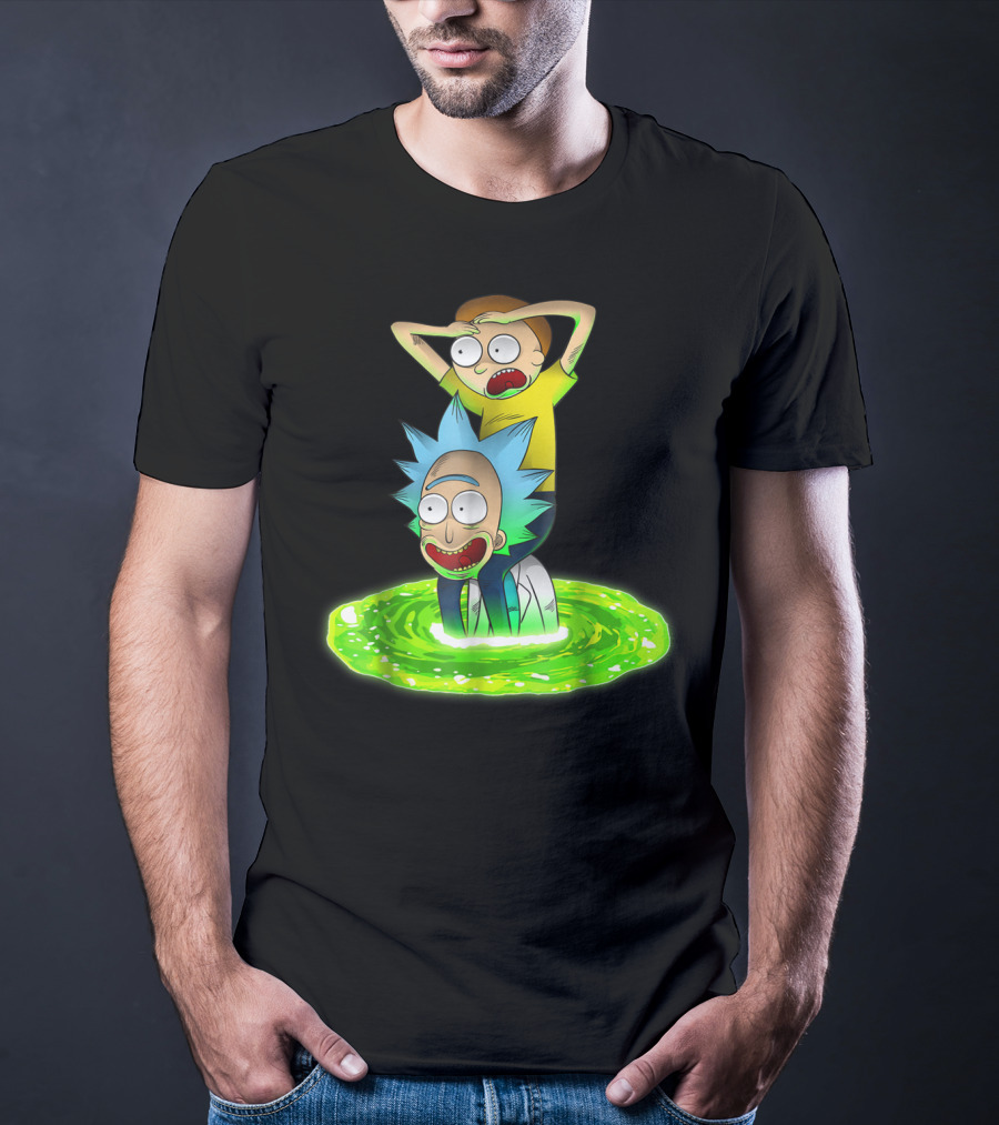 Rick And Morty Emerging From Green Portal Adventure T-Shirt