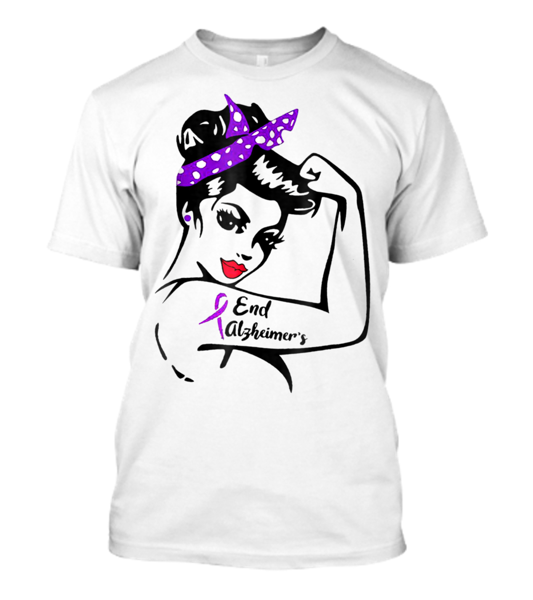 Strong Woman End Alzheimer's Awareness Purple Ribbon Rosie The Riveter T-Shirt