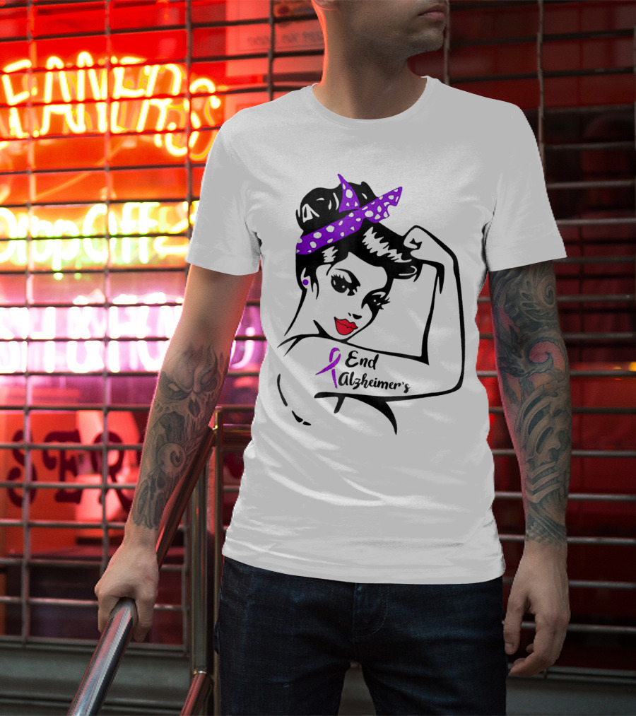 Strong Woman End Alzheimer's Awareness Purple Ribbon Rosie The Riveter T-Shirt