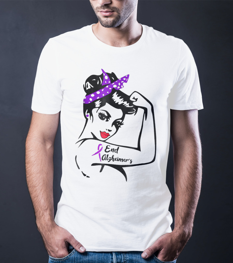Strong Woman End Alzheimer's Awareness Purple Ribbon Rosie The Riveter T-Shirt