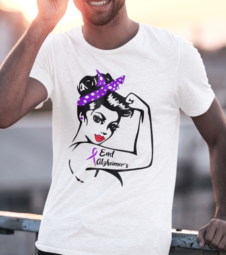 Strong Woman End Alzheimer's Awareness Purple Ribbon Rosie The Riveter T-Shirt