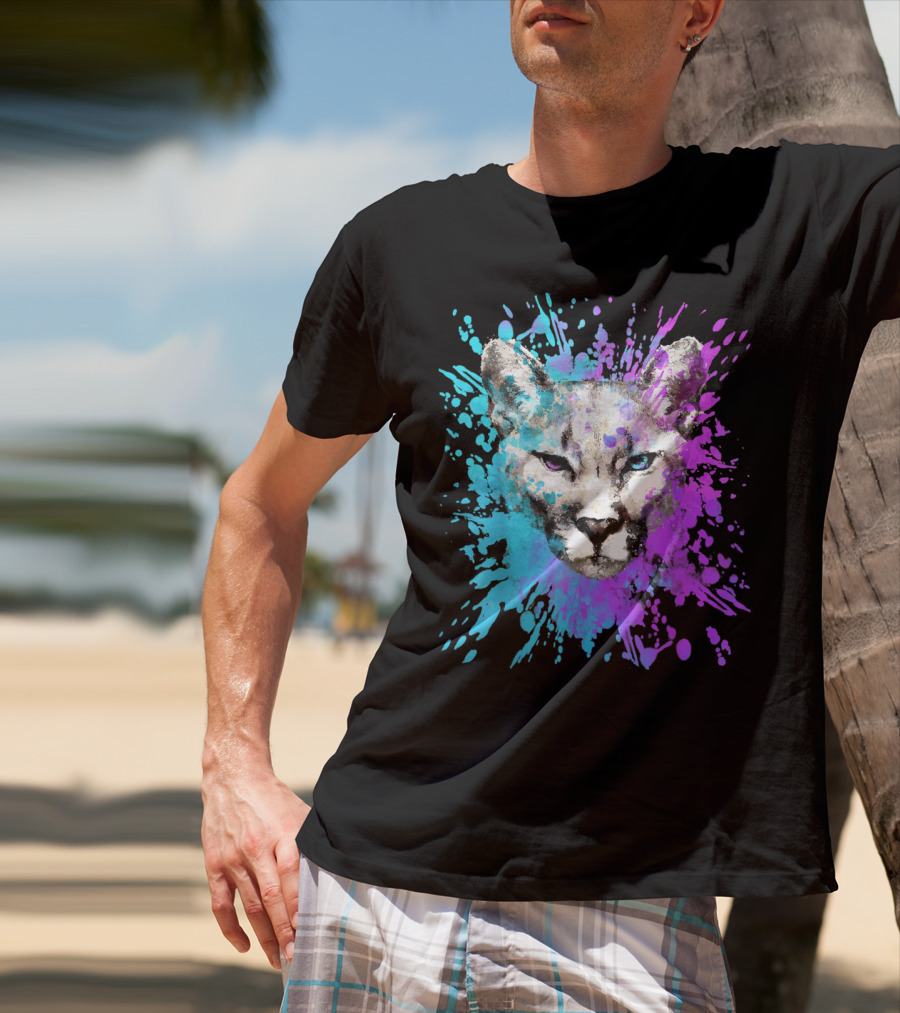 Watercolour Cougar Mountain Lion Artsy Splatter T-Shirt