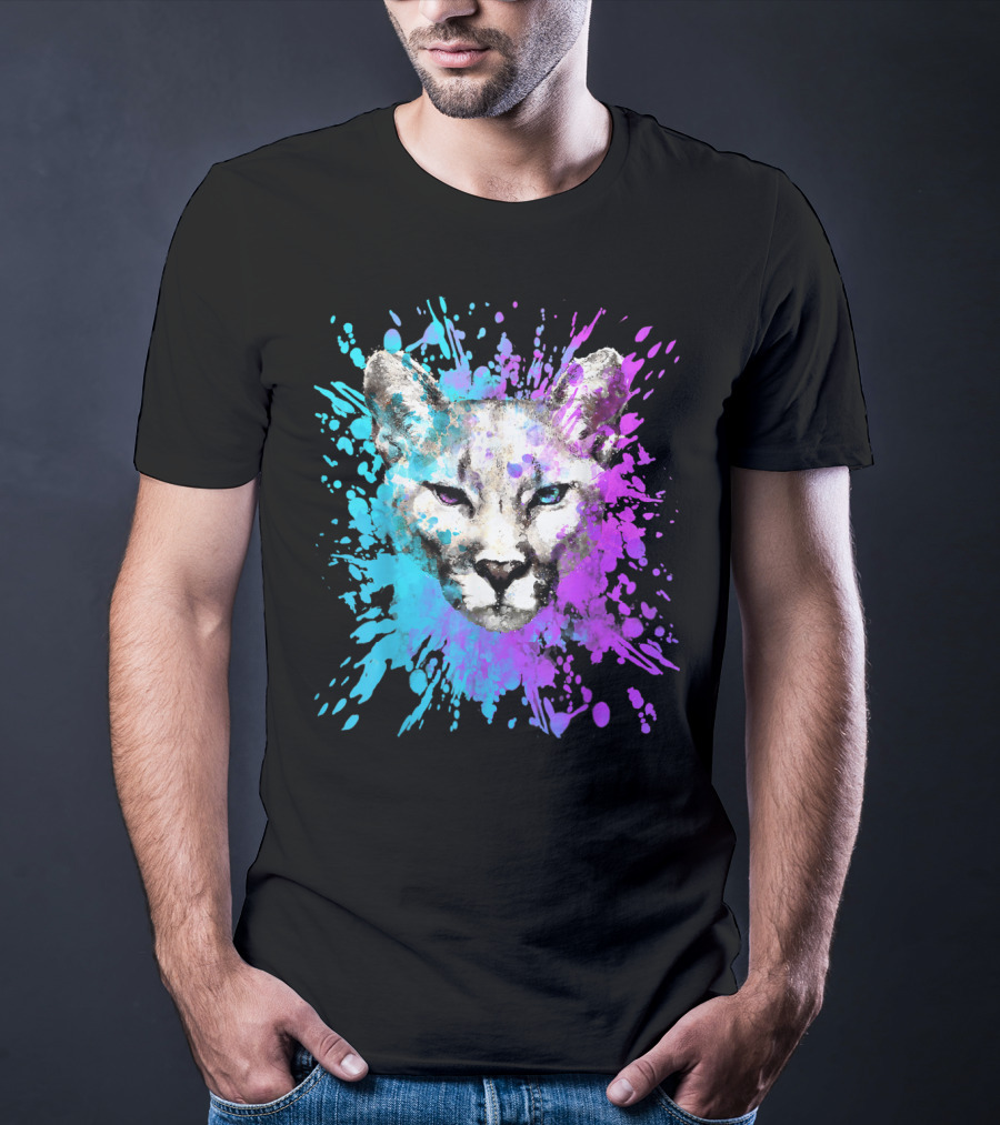 Watercolour Cougar Mountain Lion Artsy Splatter T-Shirt