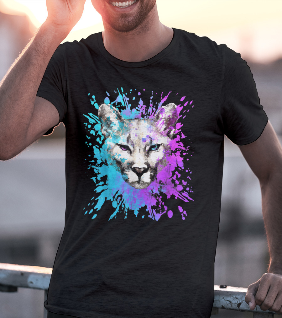 Watercolour Cougar Mountain Lion Artsy Splatter T-Shirt