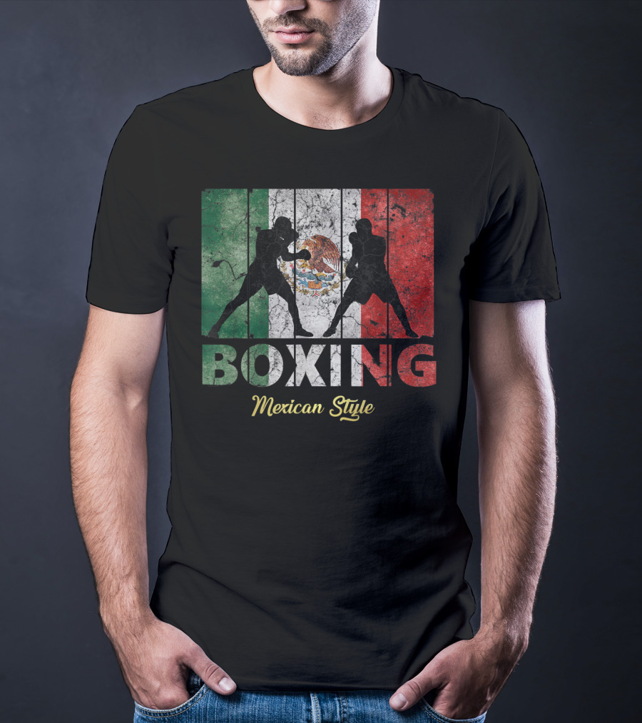 Mexican Vintage Style Boxing With Great Boxing Silhouettes And Flag Background T-Shirt