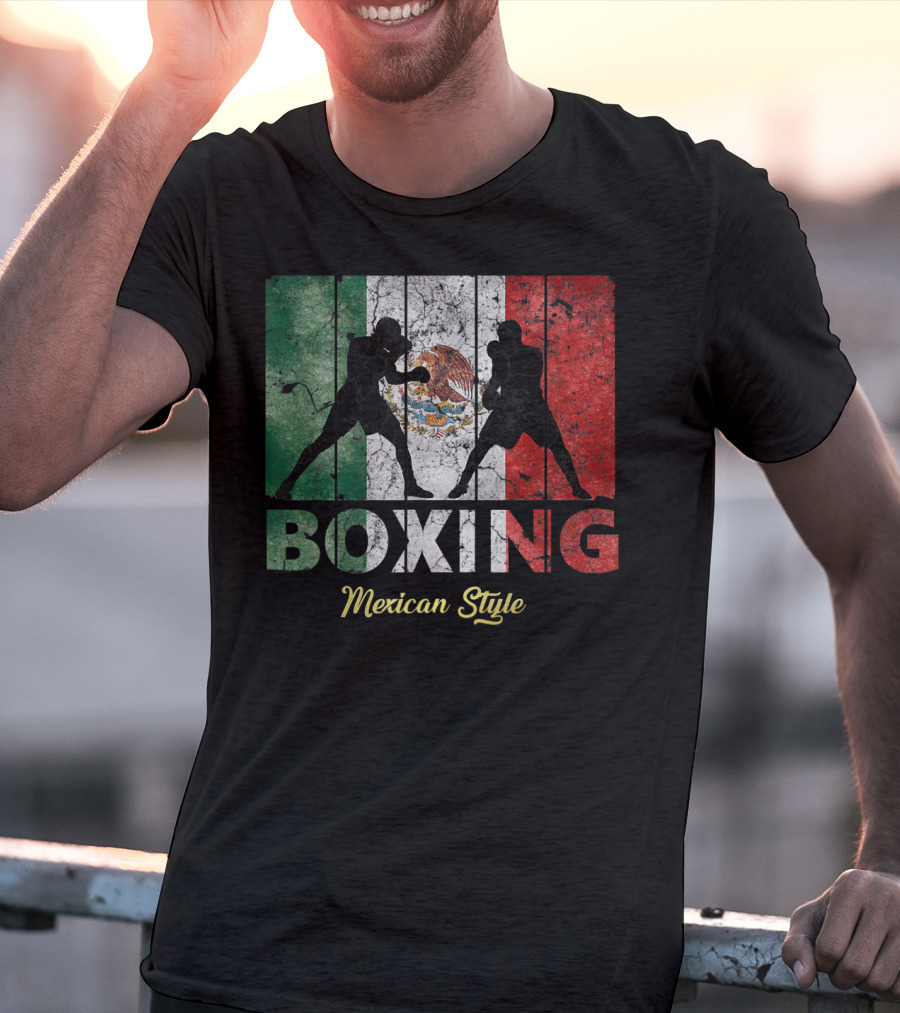 Mexican Vintage Style Boxing With Great Boxing Silhouettes And Flag Background T-Shirt