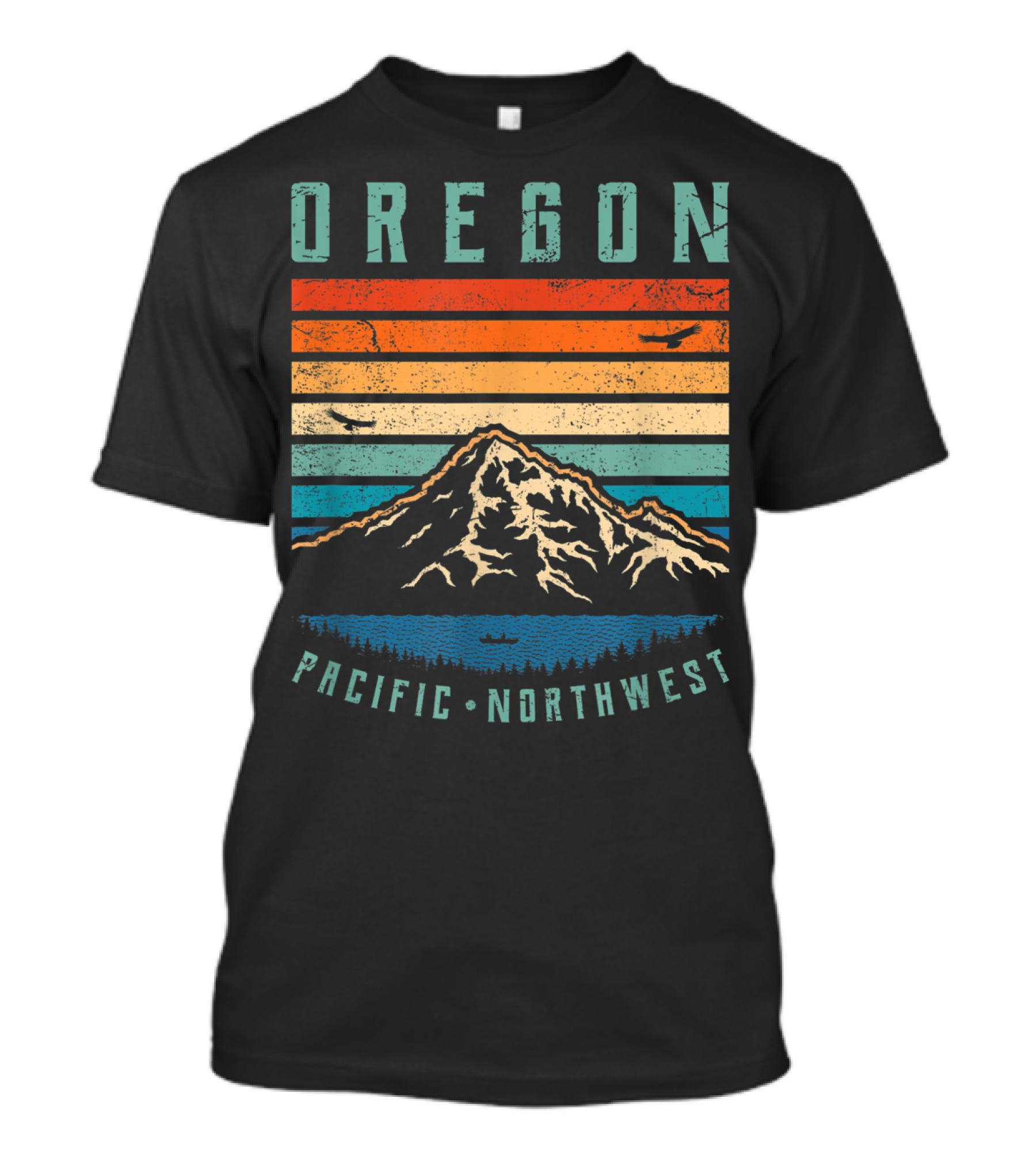 Oregon Pacific Northwest Vintage Portland Mountain Sunset Stripes T-Shirt