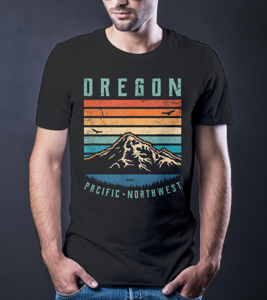 Oregon Pacific Northwest Vintage Portland Mountain Sunset Stripes T-Shirt