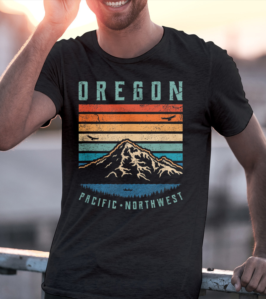 Oregon Pacific Northwest Vintage Portland Mountain Sunset Stripes T-Shirt