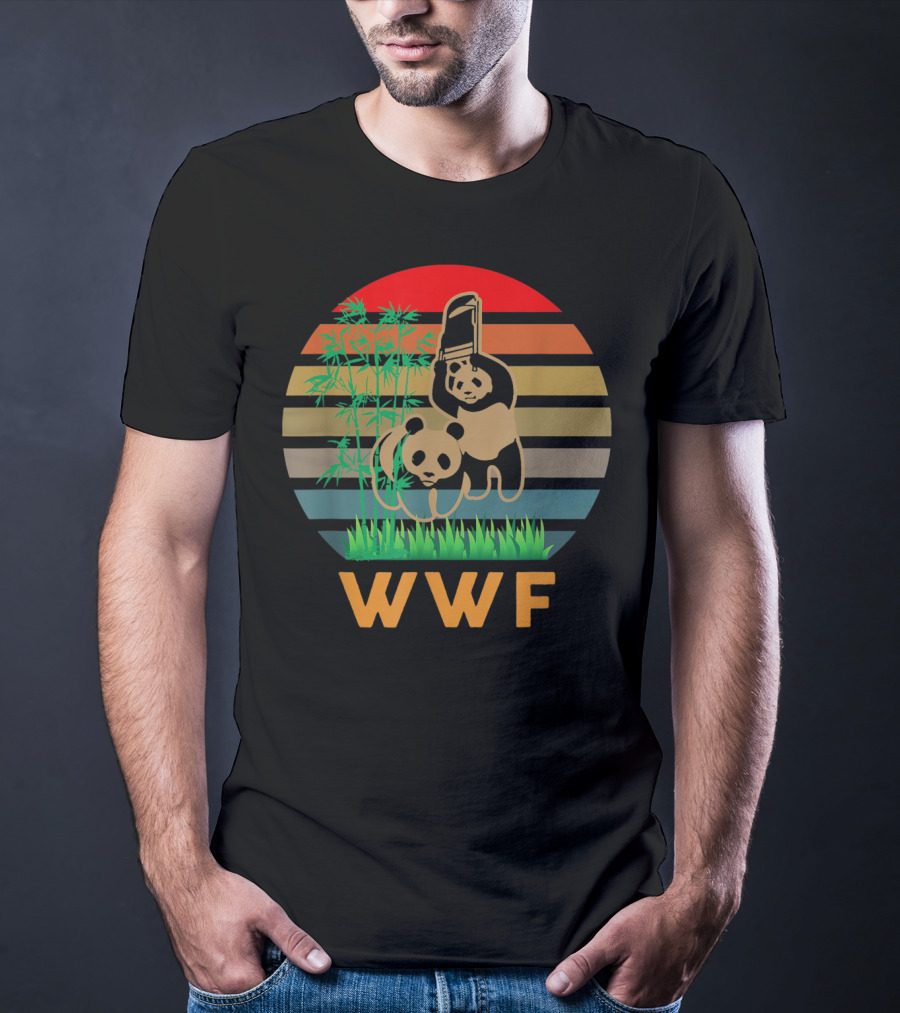 WWF Panda Bears With Bamboo And Retro Stripes T-Shirt