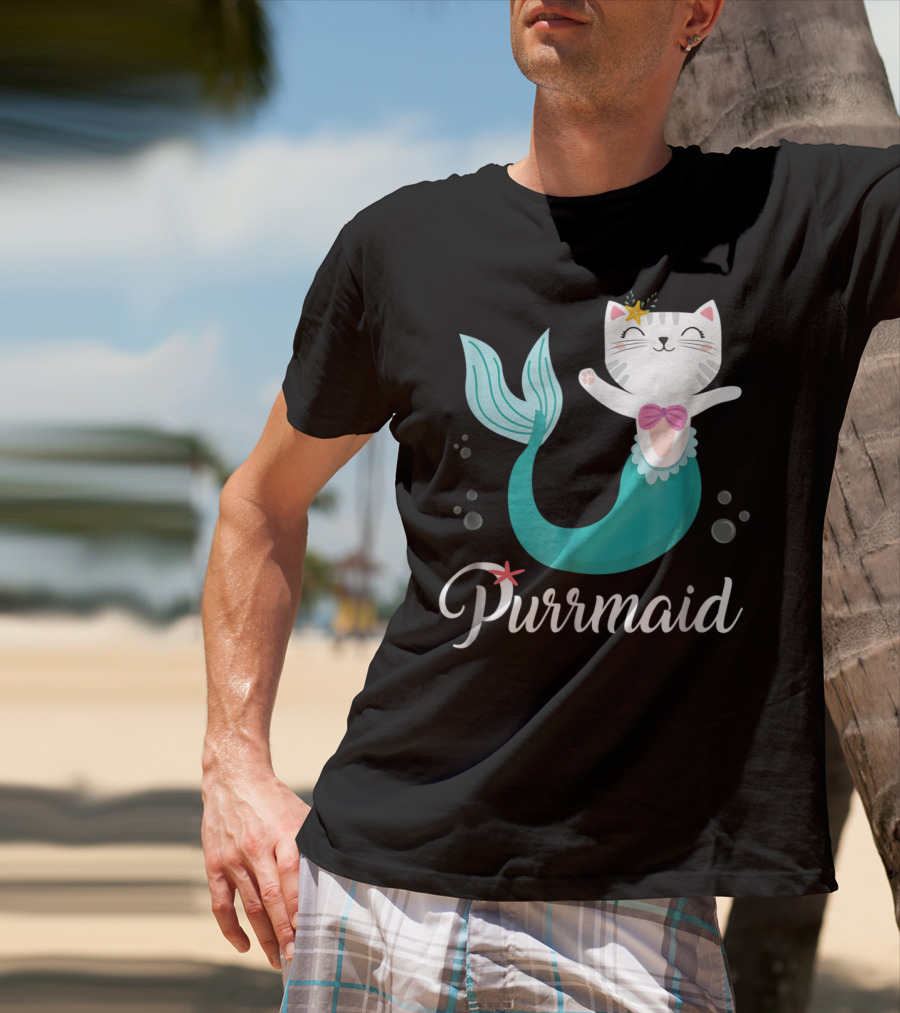 Purrmaid Cat Mermaid For Girls With Star And Bow T-Shirt