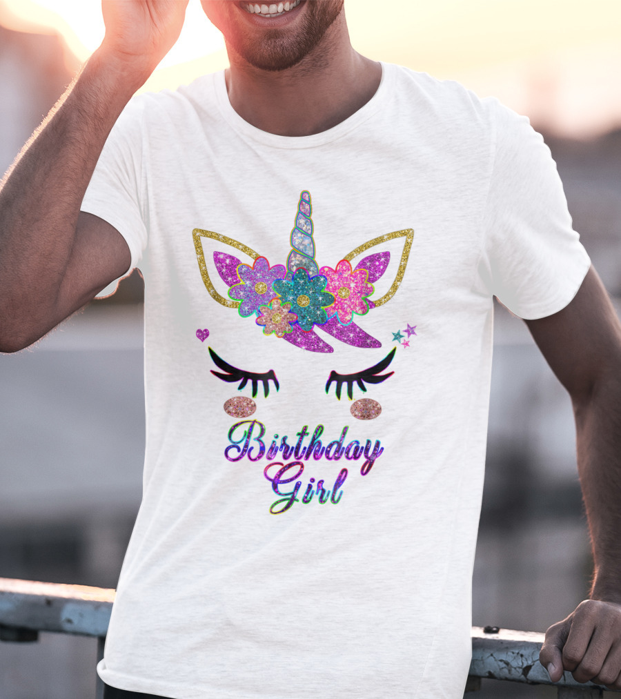 Rainbow Glitter Unicorn Birthday Girl Flowers Stars T-Shirt
