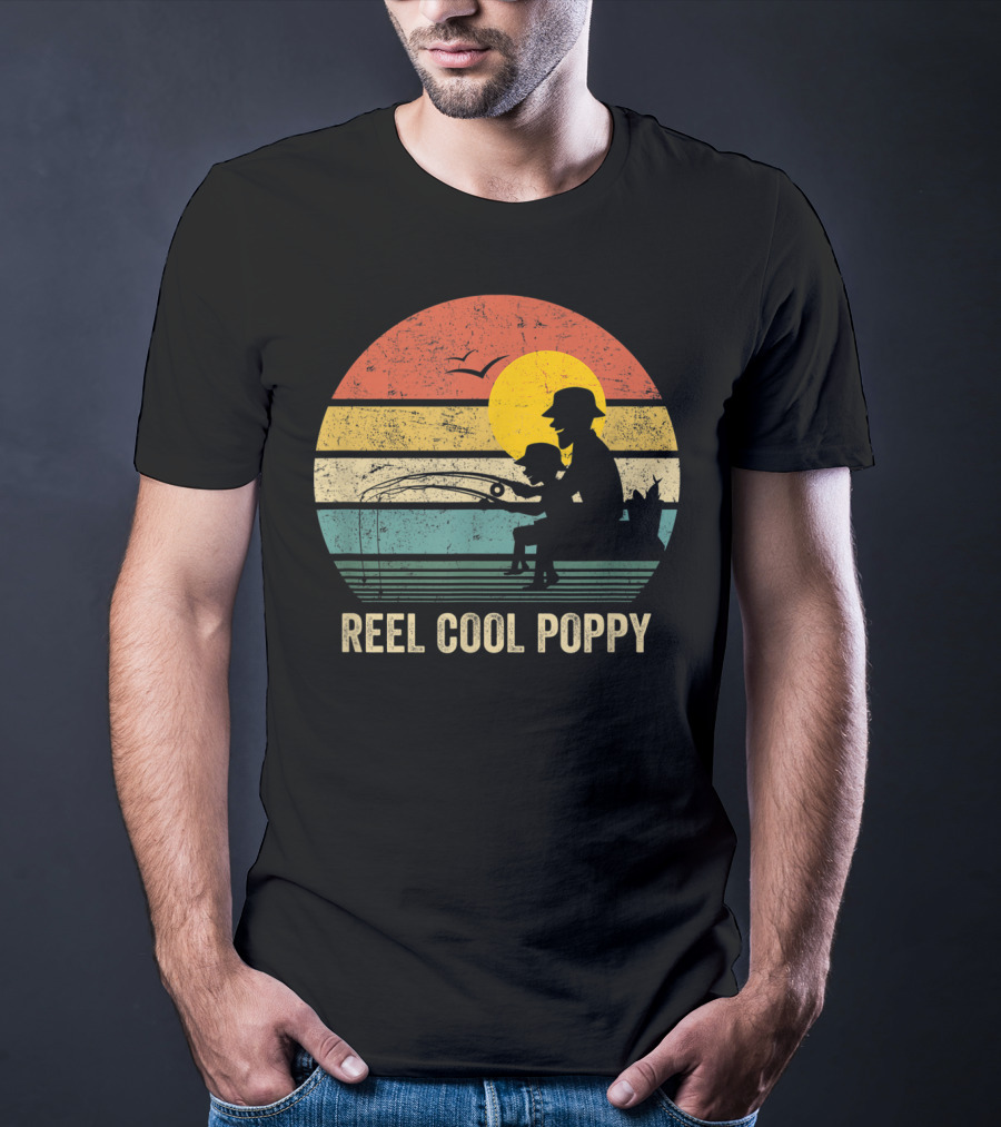 Reel Cool Poppy Vintage Fisherman Father's Retro Style Sun T-Shirt