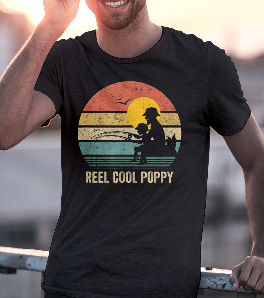 Reel Cool Poppy Vintage Fisherman Father's Retro Style Sun T-Shirt