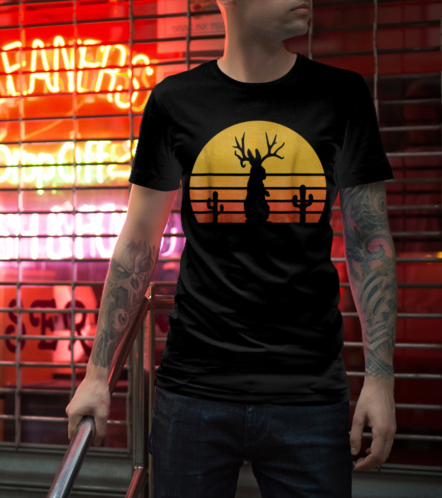 Retro Eighties Sunset Jackalope Silhouette With Cactus Vintage Cryptid T-Shirt