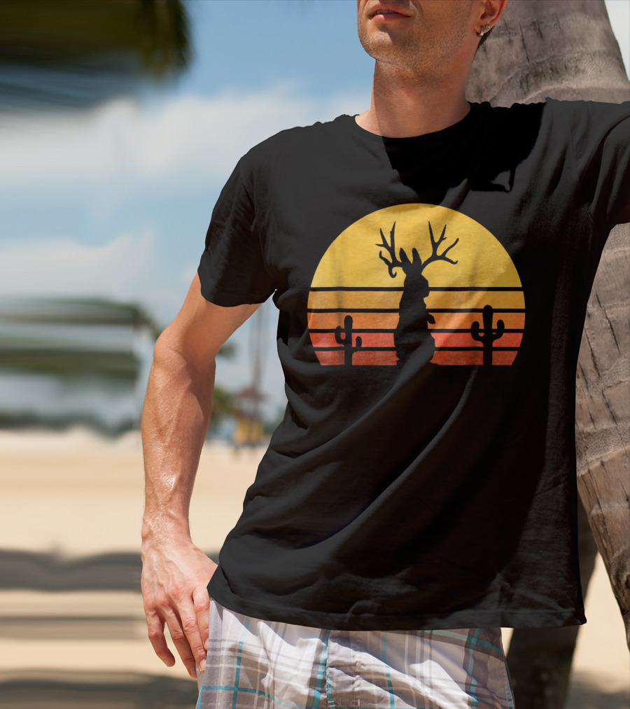 Retro Eighties Sunset Jackalope Silhouette With Cactus Vintage Cryptid T-Shirt