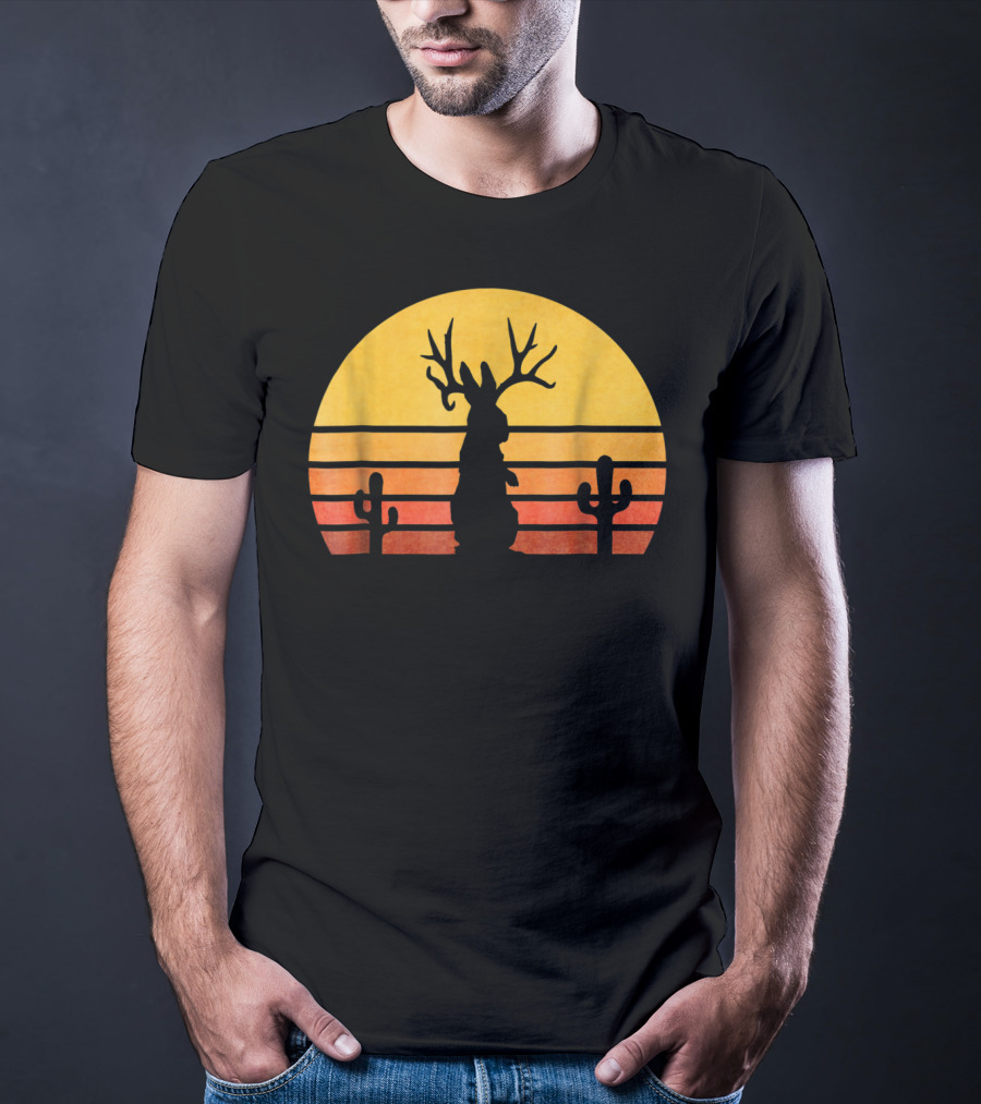 Retro Eighties Sunset Jackalope Silhouette With Cactus Vintage Cryptid T-Shirt