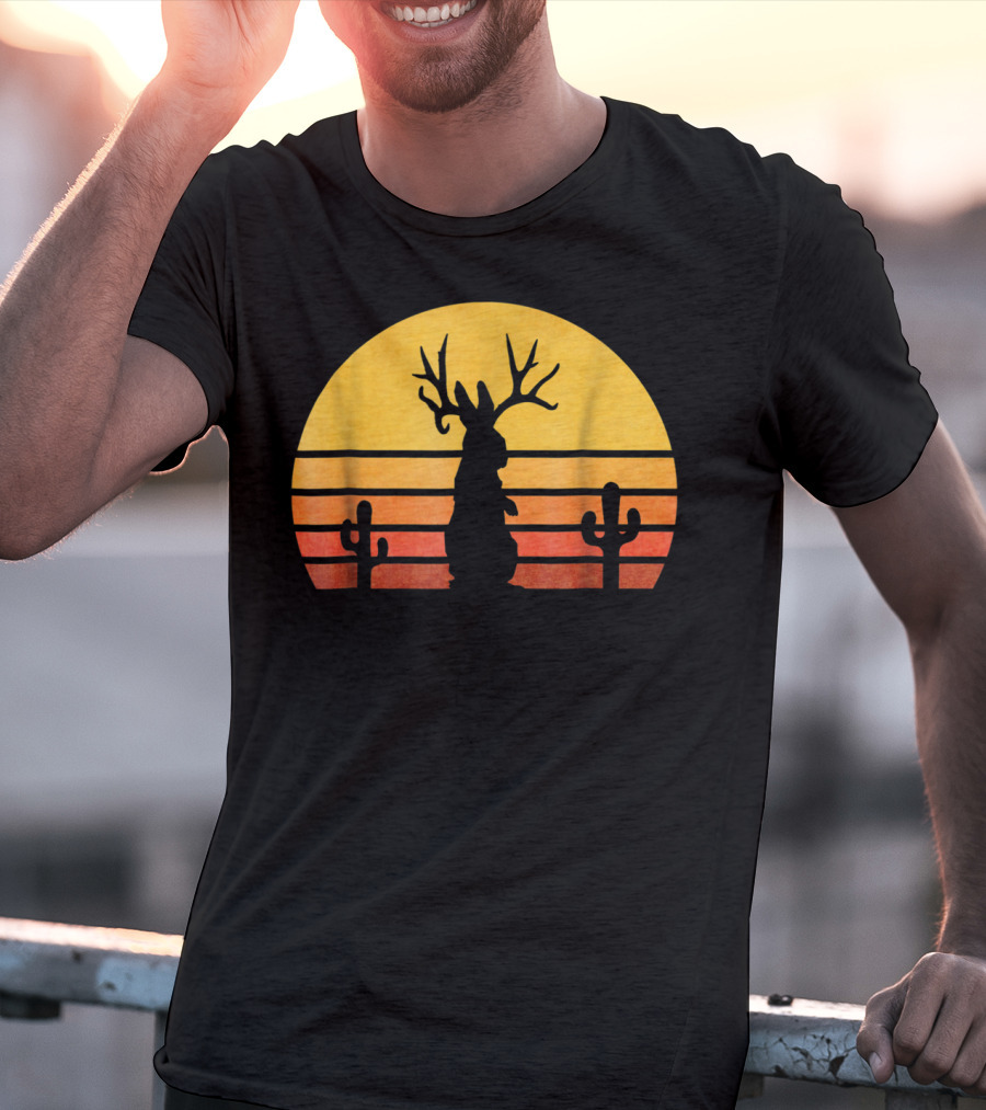 Retro Eighties Sunset Jackalope Silhouette With Cactus Vintage Cryptid T-Shirt