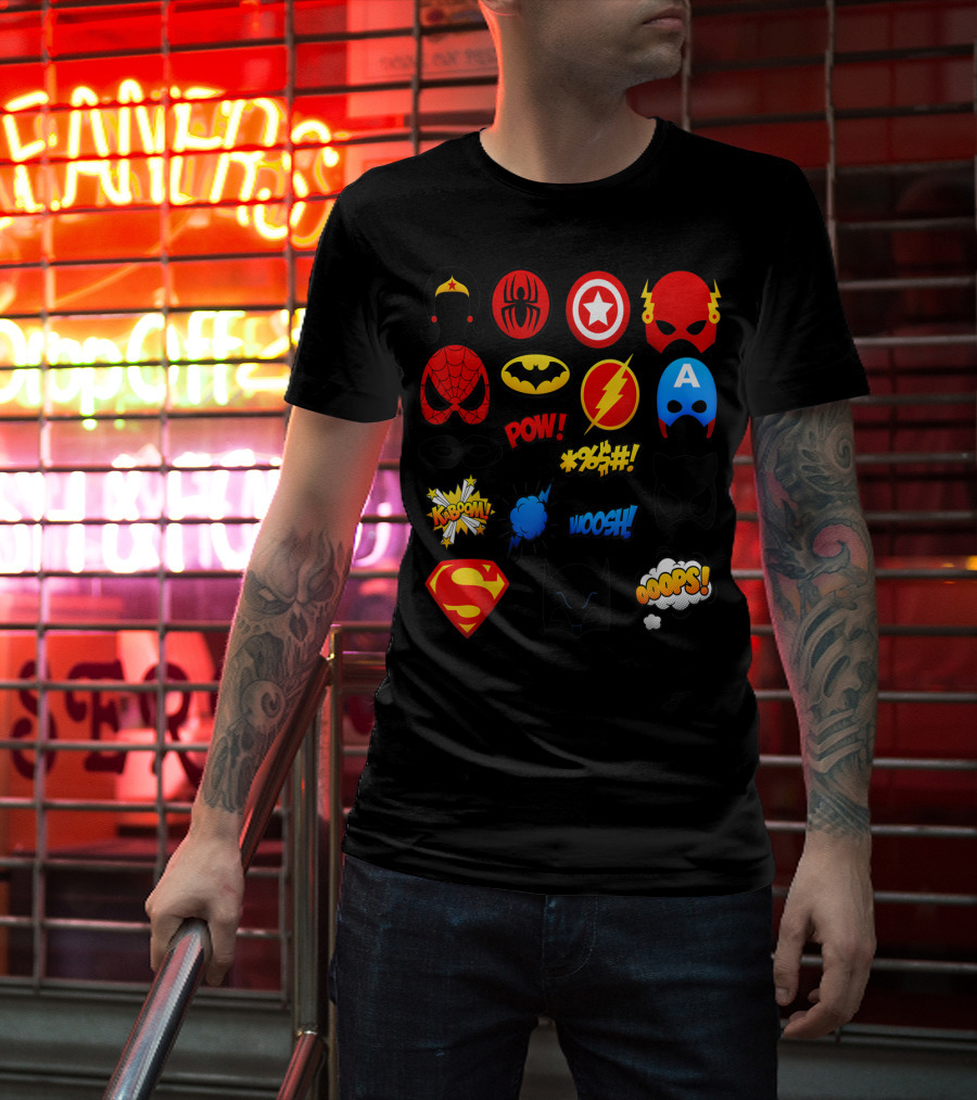 Superheroes Icons Spider Captain Batman Flash Wonder Emoji KABOOM POW OOOOPS Super T-Shirt