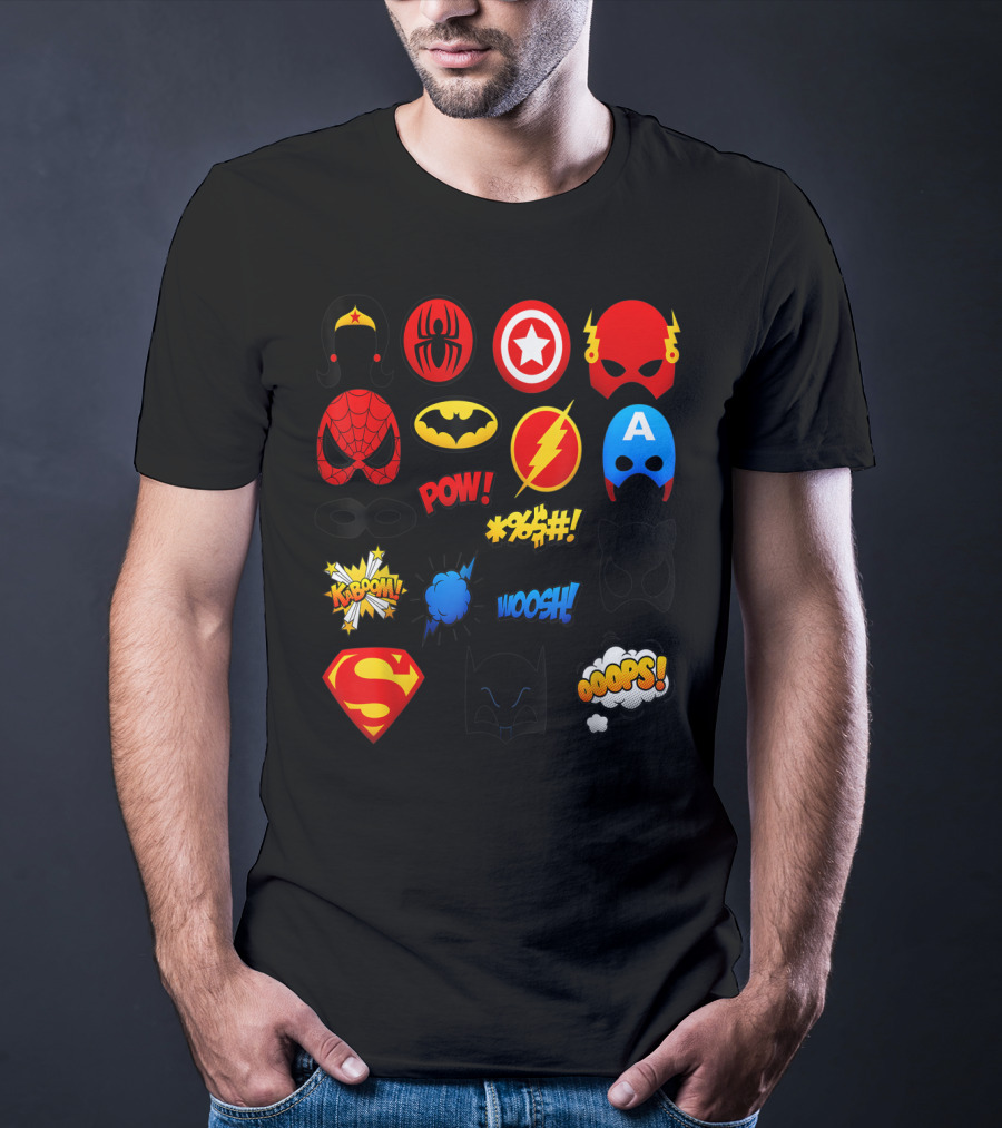Superheroes Icons Spider Captain Batman Flash Wonder Emoji KABOOM POW OOOOPS Super T-Shirt