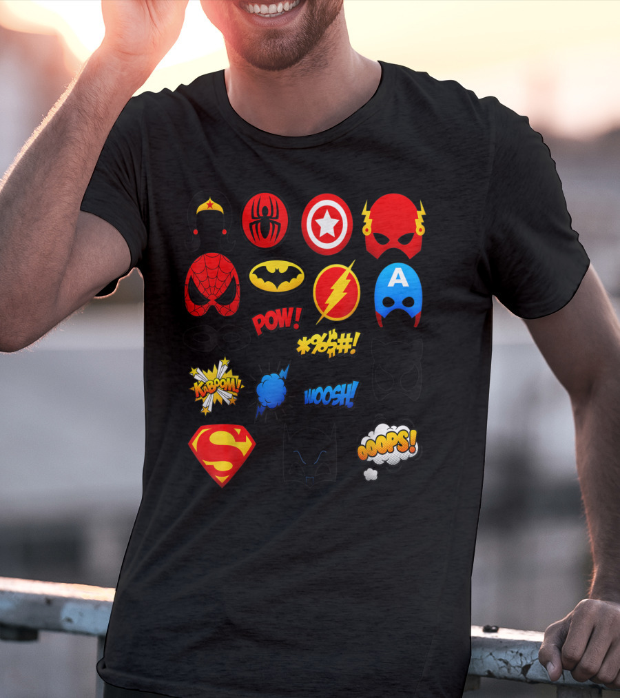 Superheroes Icons Spider Captain Batman Flash Wonder Emoji KABOOM POW OOOOPS Super T-Shirt