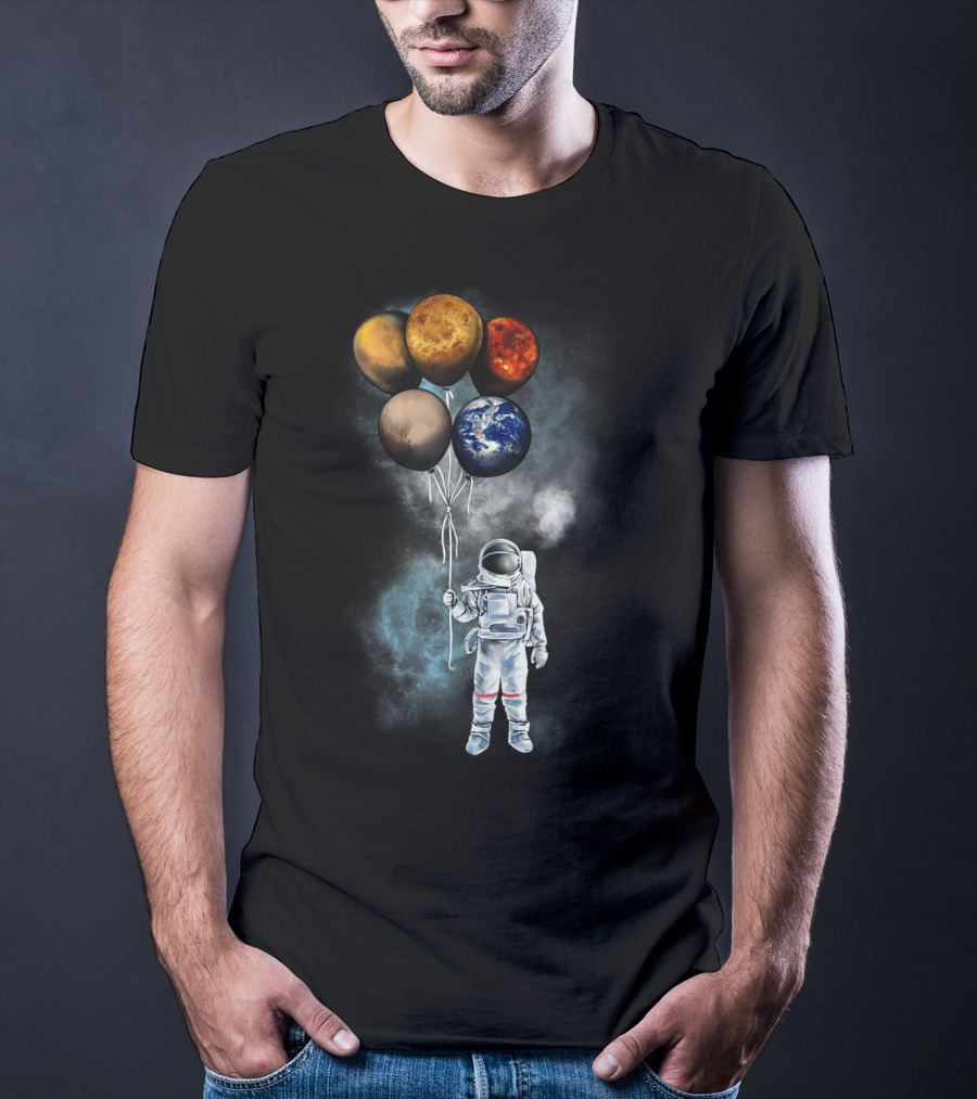 The Spaceman's Adventure Holding Planet Balloons In Outer Galaxy T-Shirt