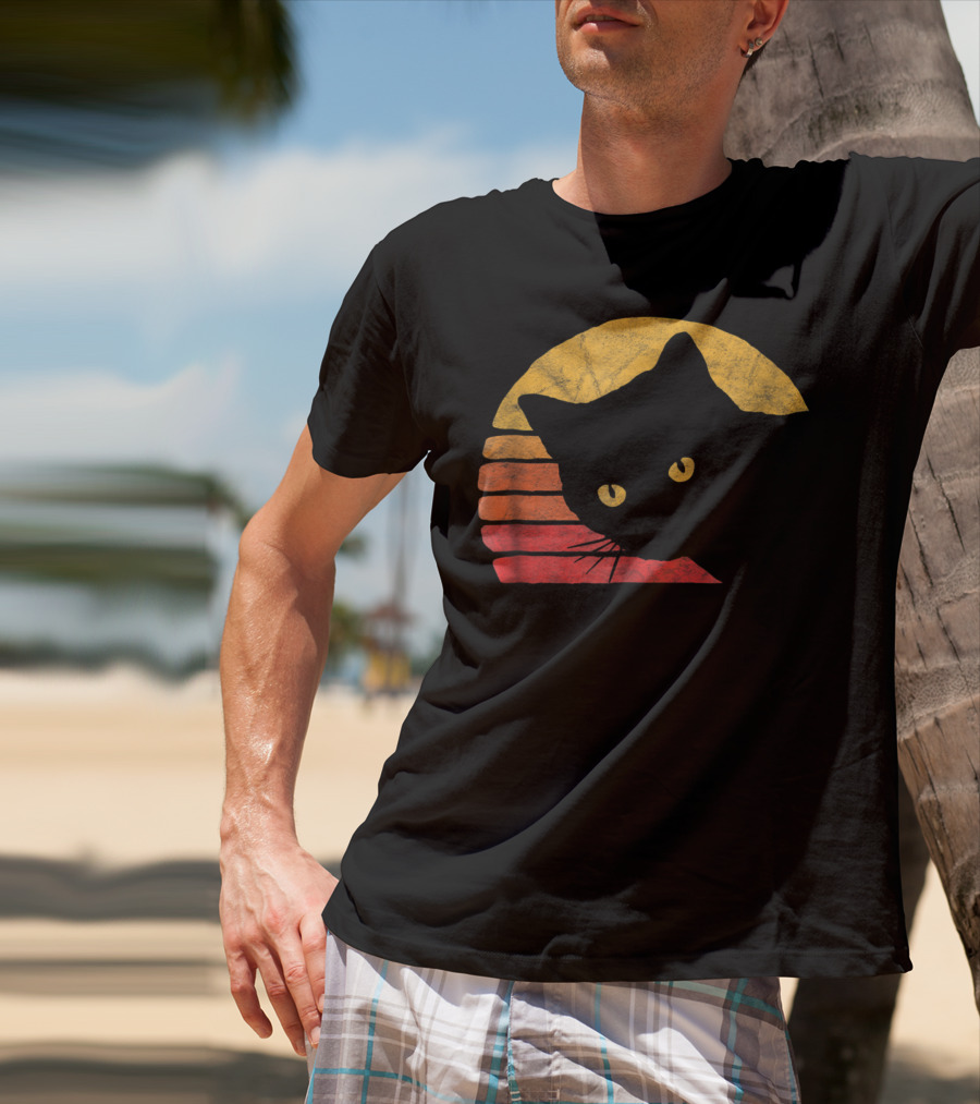 Vintage Eighties Style Cat Distressed Silhouette Retro Sunset T-Shirt