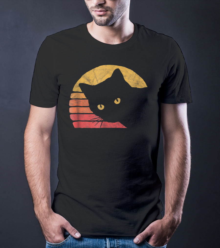 Vintage Eighties Style Cat Distressed Silhouette Retro Sunset T-Shirt