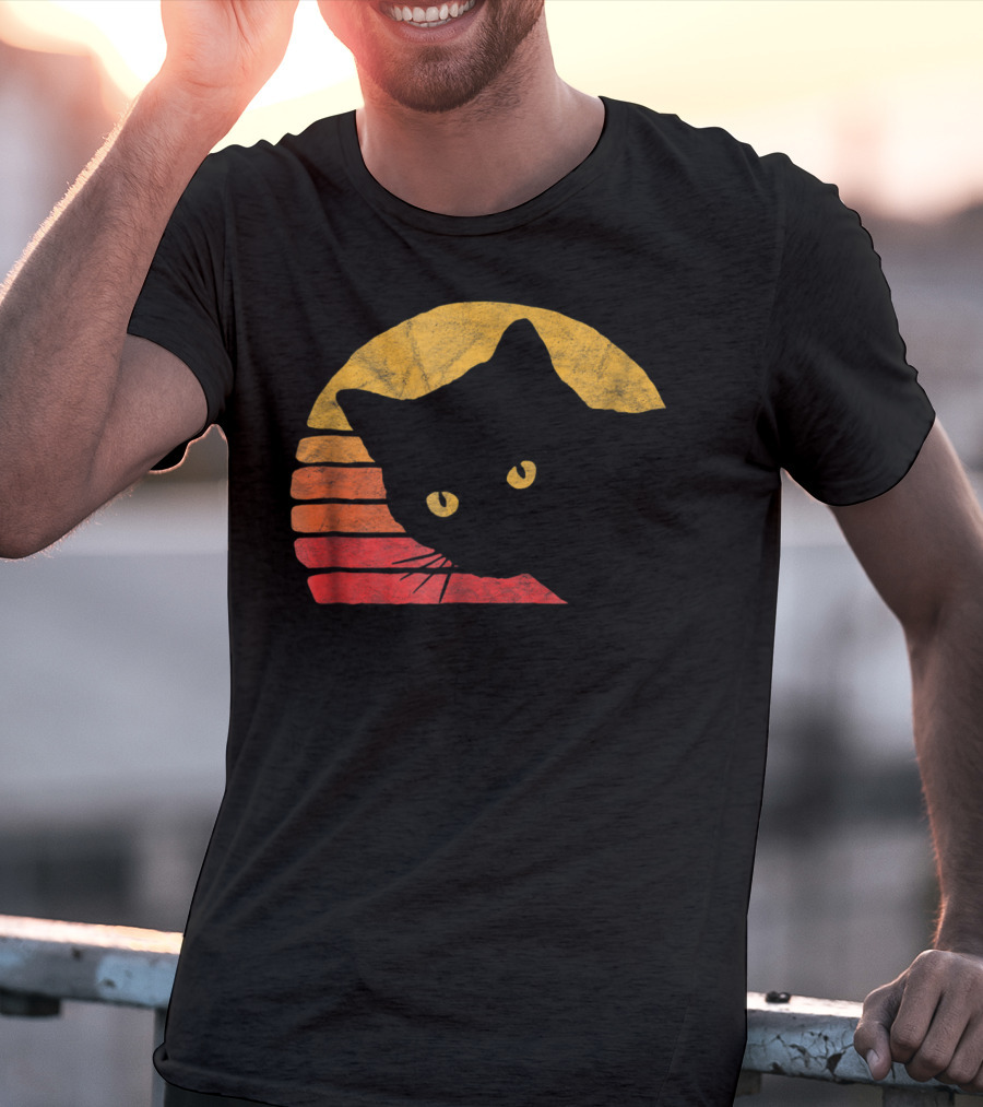 Vintage Eighties Style Cat Distressed Silhouette Retro Sunset T-Shirt