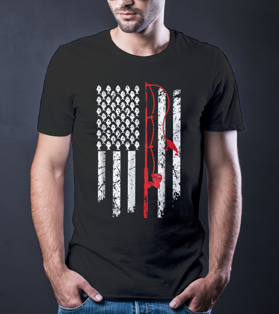 Vintage Fishing Clothes American Flag Bass Fishing Rod Fish T-Shirt