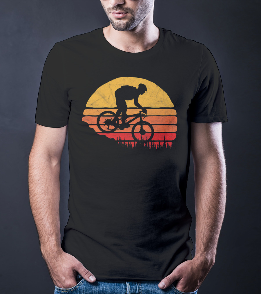 Vintage Mountain Biking Sunset Silhouette Forest Trail T-Shirt
