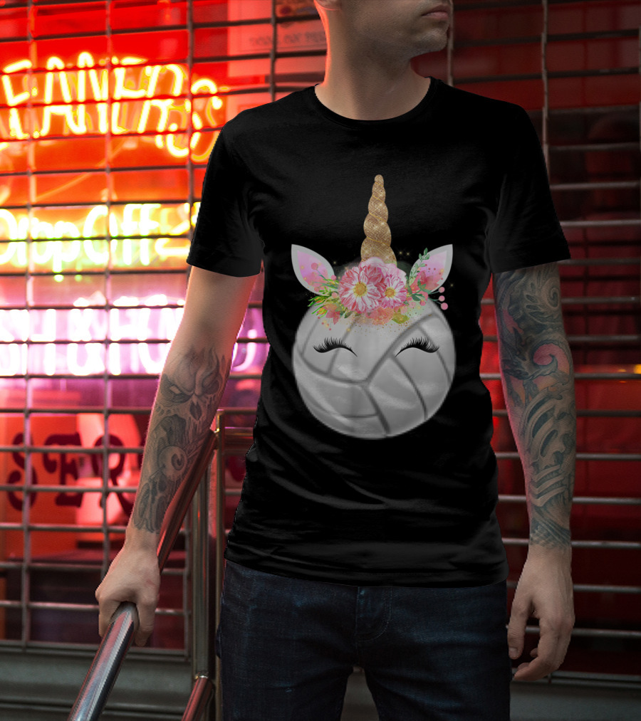Volleyball Unicorn Funny Sport Love Girls Magical Flower Horn T-Shirt