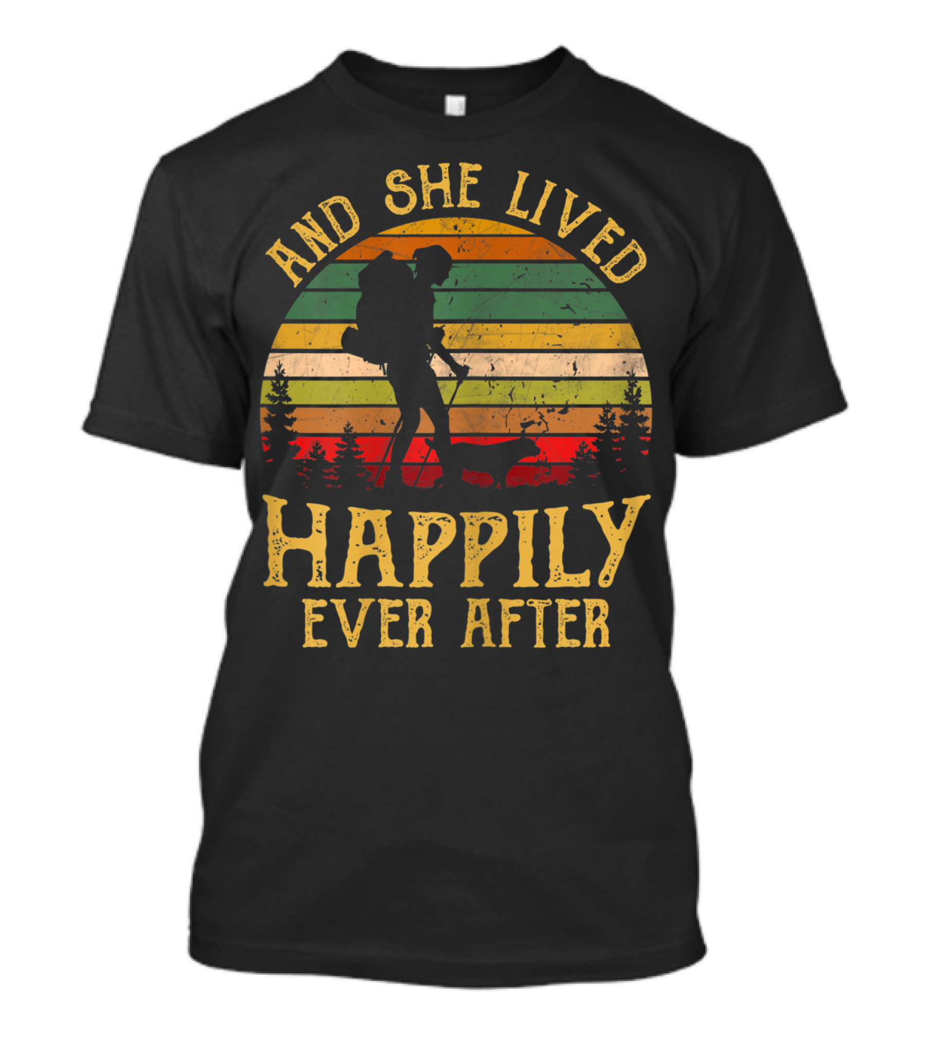 And She Lived Happily Ever After Hiking Vintage Sunset Forest T-Shirt