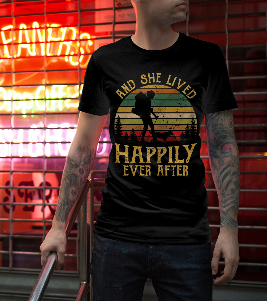 And She Lived Happily Ever After Hiking Vintage Sunset Forest T-Shirt
