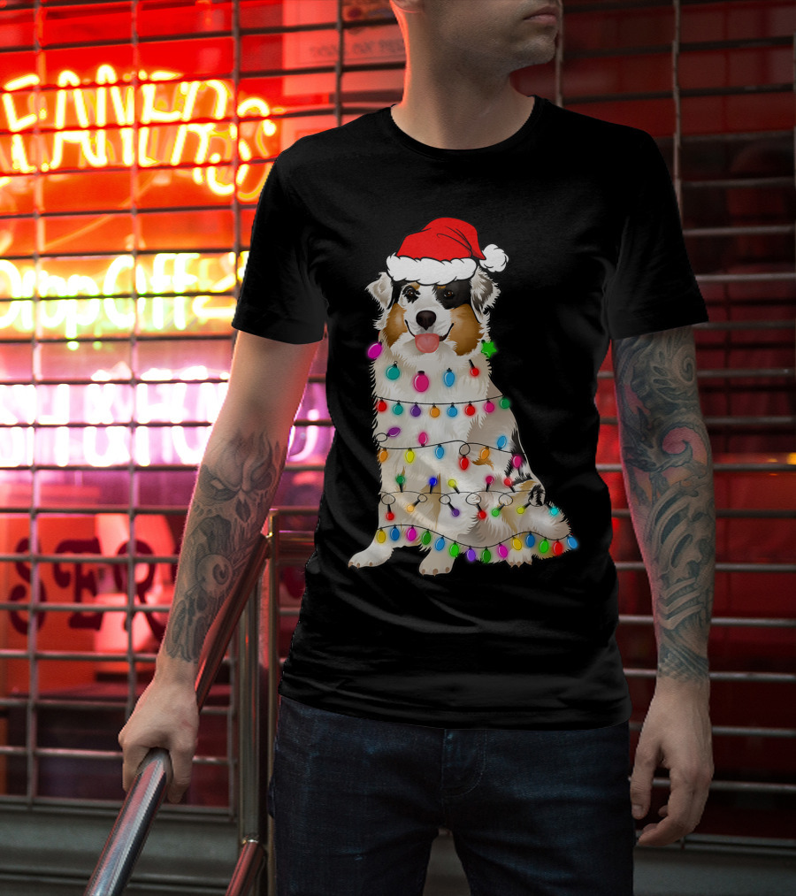 Australian Shepherd Wrapped In Christmas Lights With Santa Hat T-Shirt